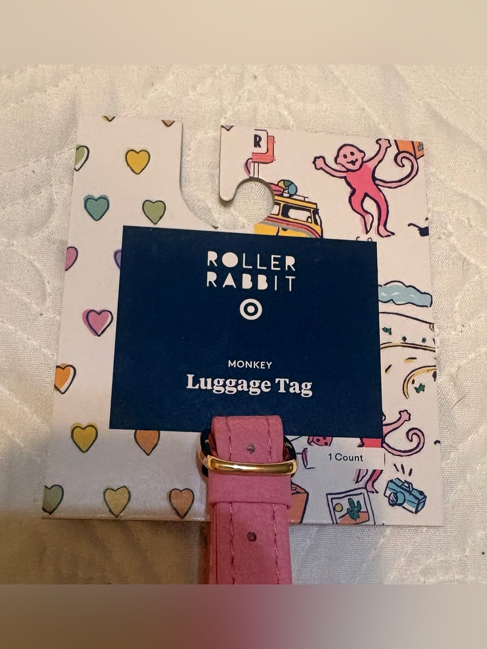 Roller Rabbit Pink and Orange Monkey Luggage Tag - Picture 3 of 4